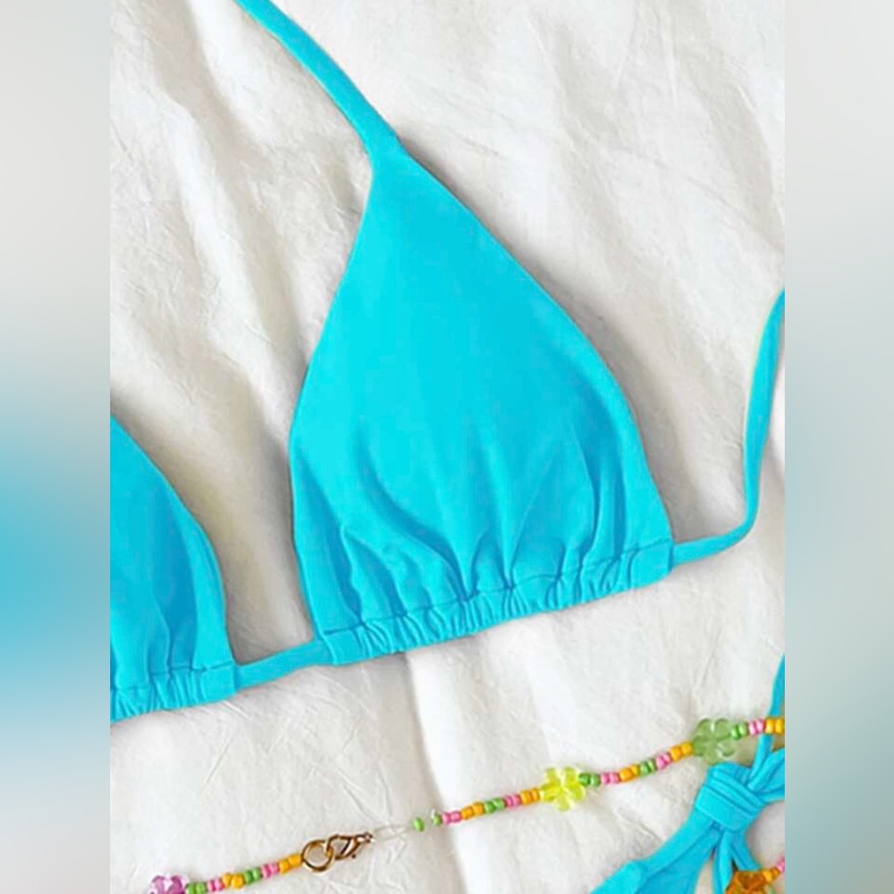SHEIN • Womens Vibrant Blue Tie Back Top Tie Side Bottom Beaded Belt Bikini Set - Picture 4 of 5